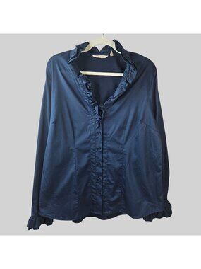 Reagal Buttondown Shirt Sz XL Navy Blue Satin Preppy Victorian Ruffle Blouse Top
